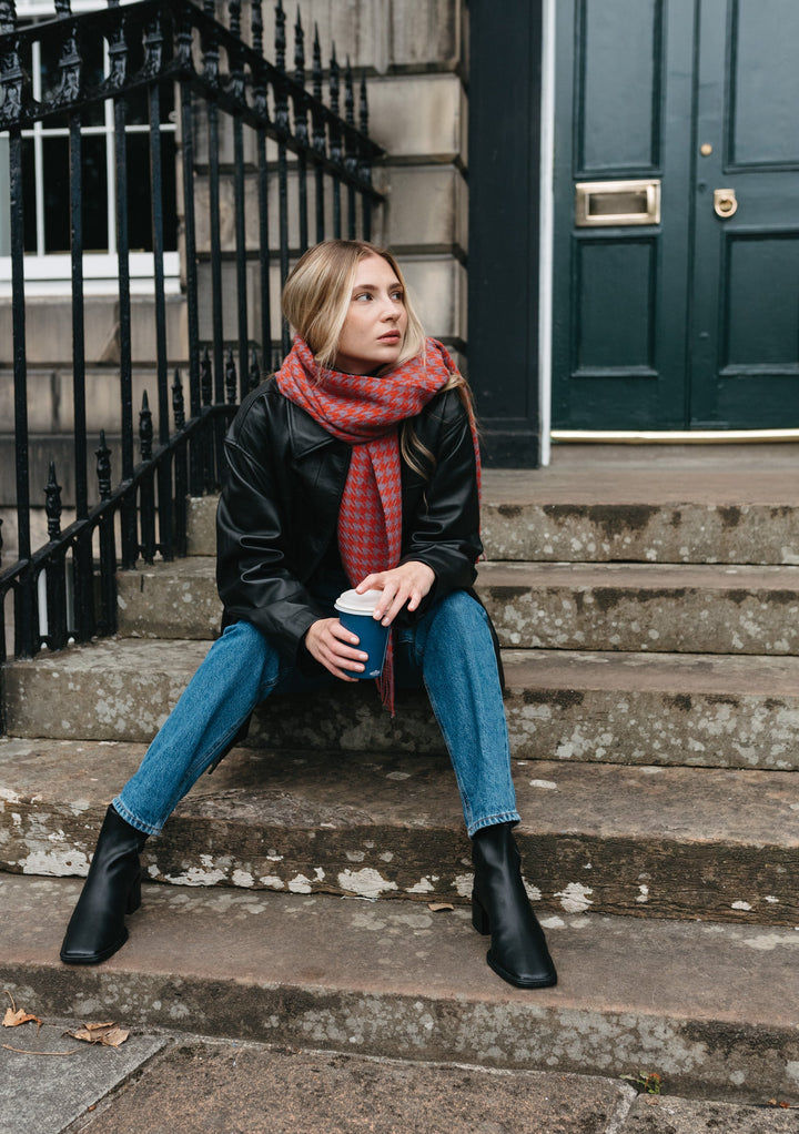 Lambswool Oversized Scarf in Red Houndstooth