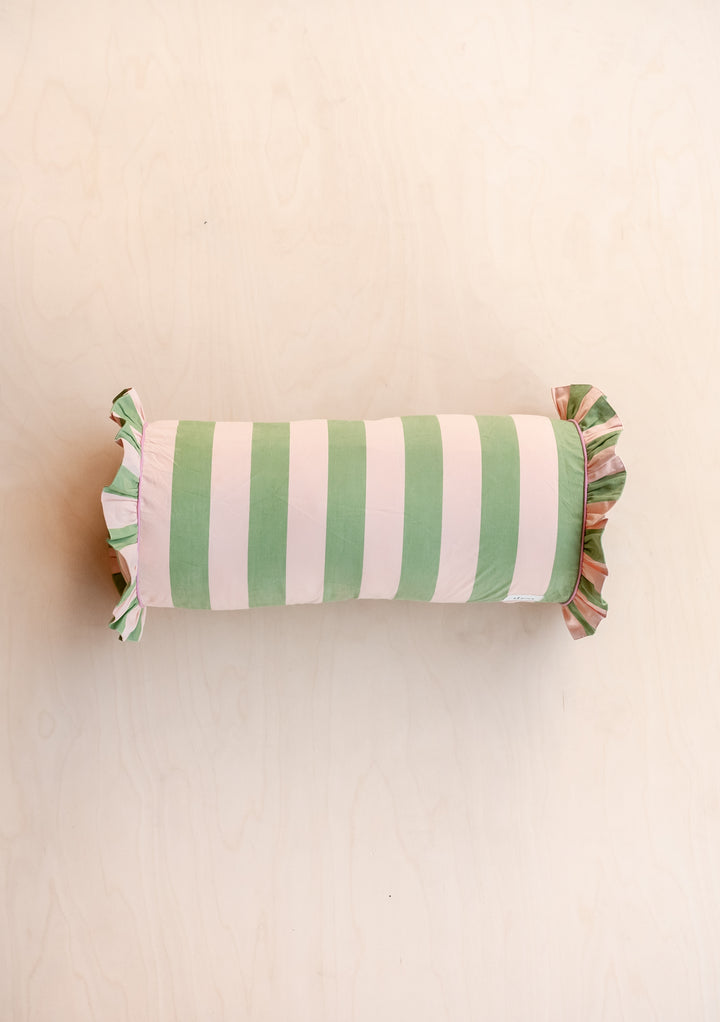 Cotton Bolster Cushion Cover in Green Stripe Ruffle