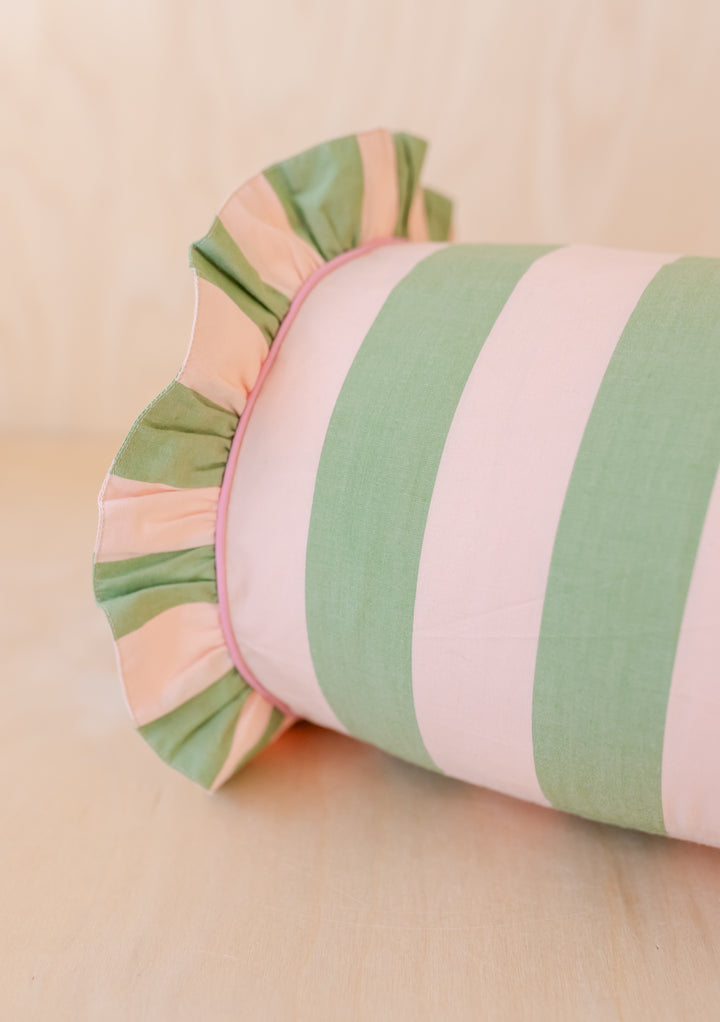 Cotton Bolster Cushion Cover in Green Stripe Ruffle