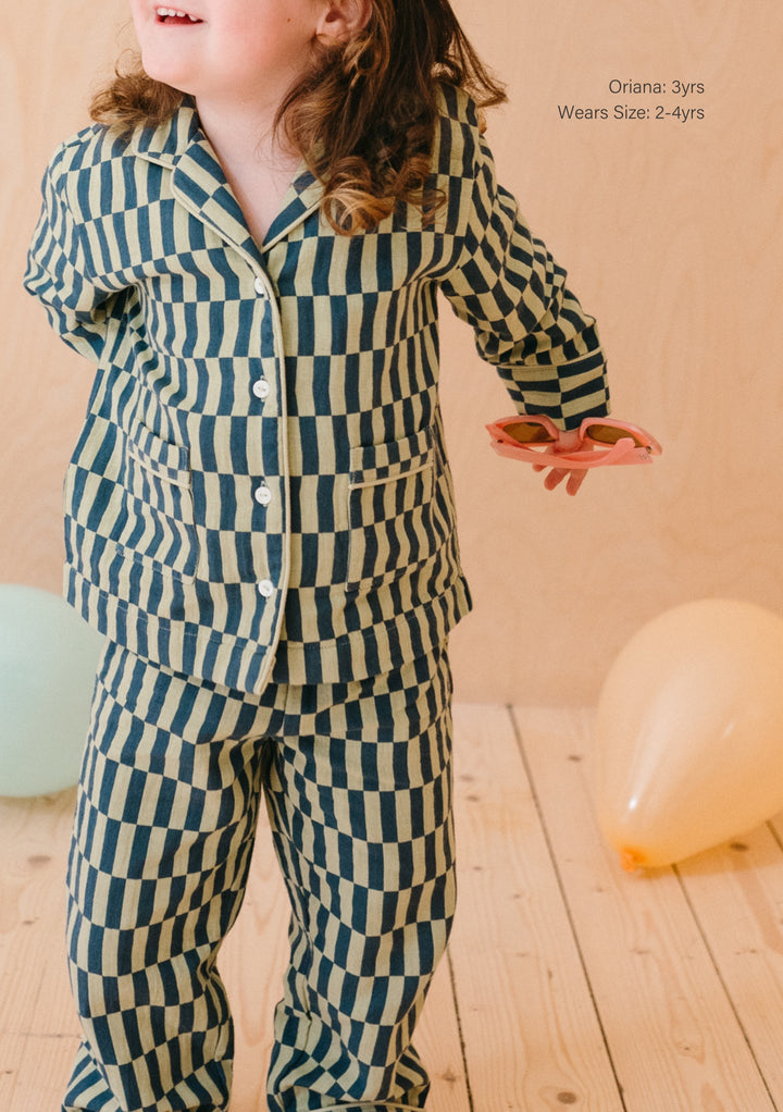 Cotton Kids Pyjamas in Green Checkerboard