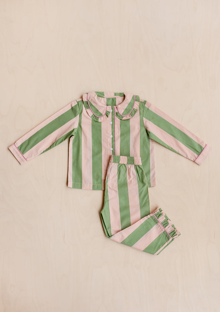 Cotton Kids Pajamas in Green Stripe