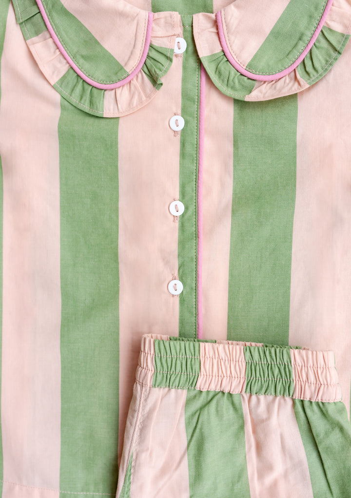 Cotton Kids Pajamas in Green Stripe