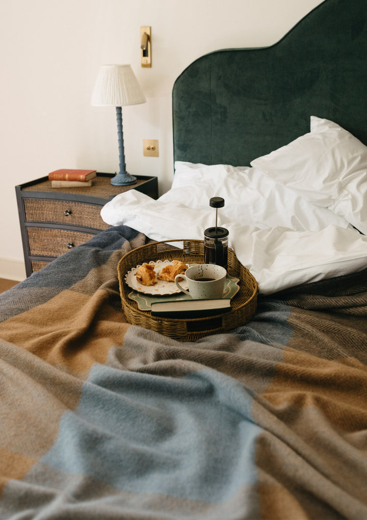 Recycled Wool Blanket in Blue Herringbone Block Check