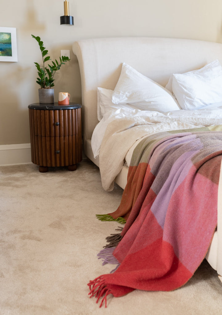 Recycled Wool Blanket in Coral Herringbone Block Check