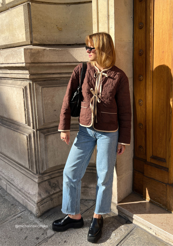 Quilted Cotton Jacket in Reversible Brown Celestial Stripe