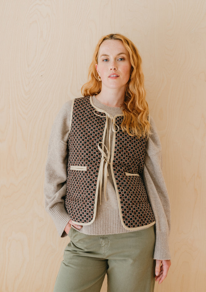 Quilted Cotton Vest in Reversible Brown Celestial Stripe