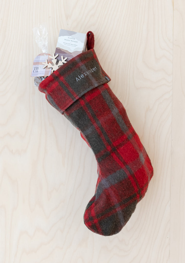 Bas de Noël en laine recyclée en tartan d'érable foncé