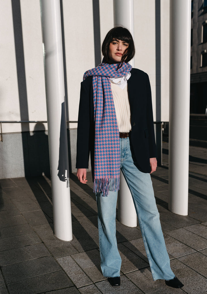 Lambswool Oversized Scarf in Blue Houndstooth