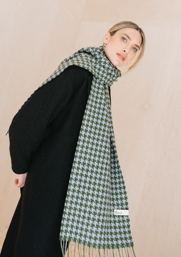 Lambswool Oversized Scarf in Olive Houndstooth