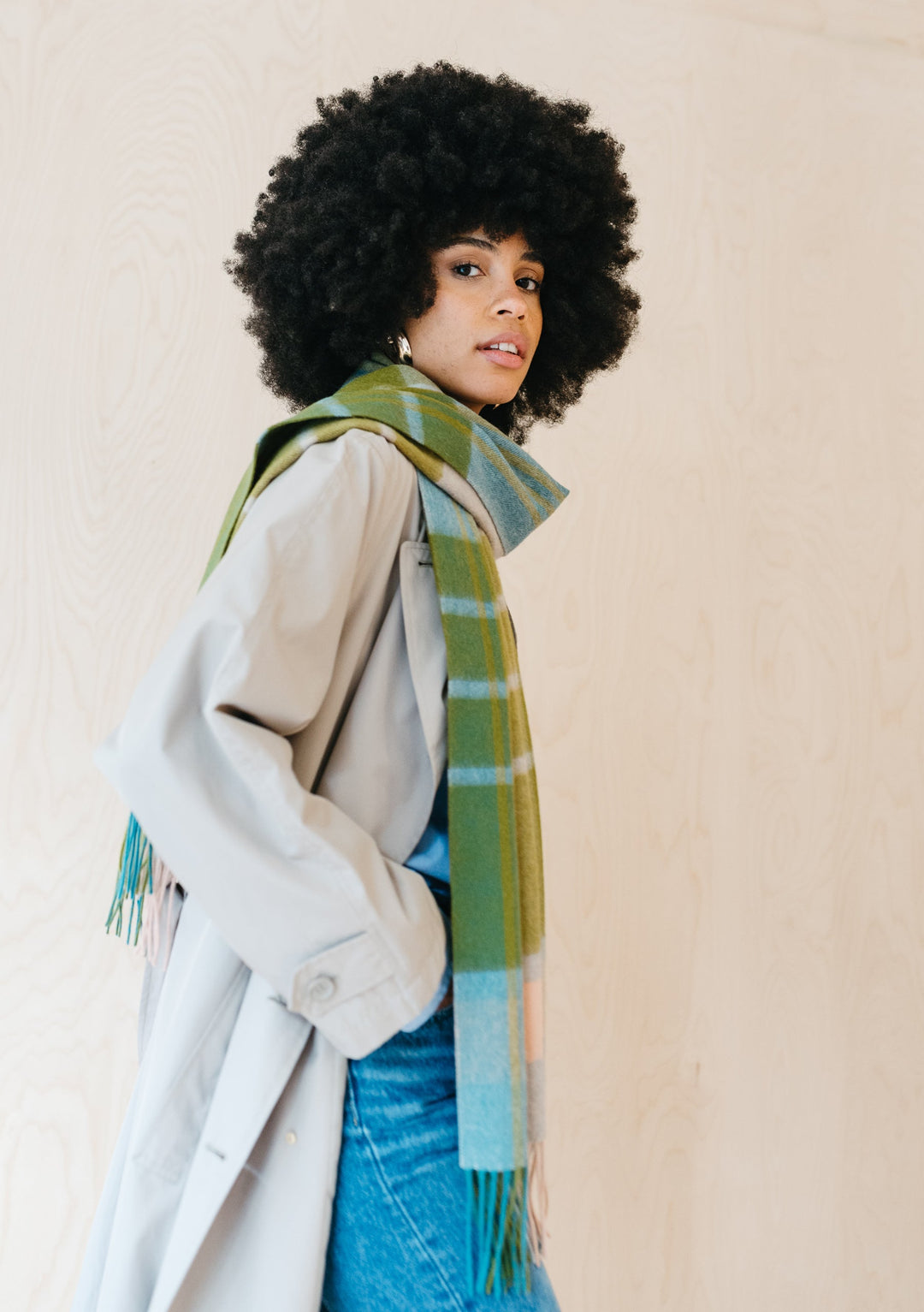 Lambswool Oversized Scarf in Green Stripe Check