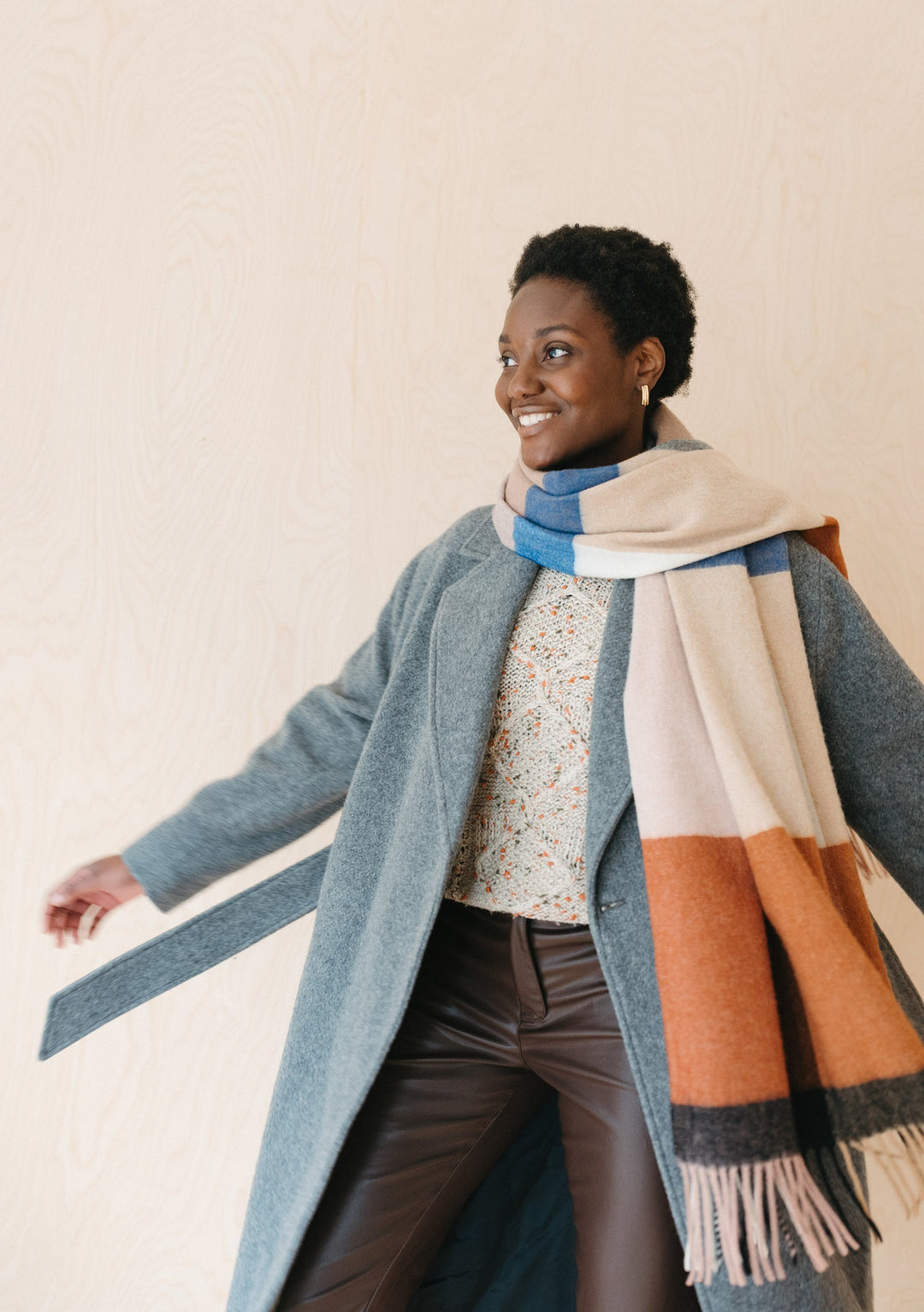 Lambswool Blanket Scarf in Camel Modern Check