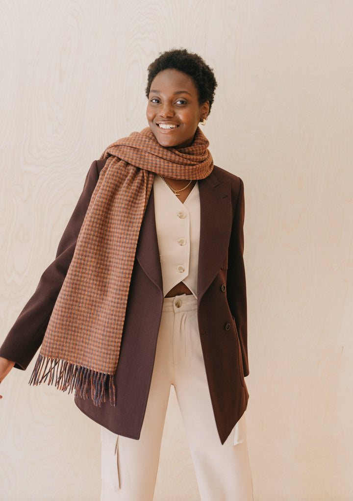 Lambswool Blanket Scarf in Coffee Textured Check