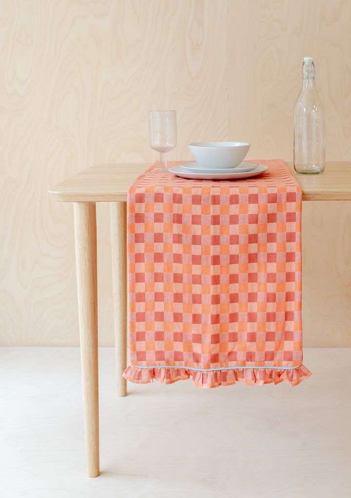 Cotton Table Runner in Apricot Checkerboard